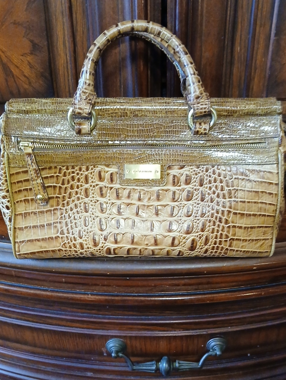 Brahmin Croc-Embossed Satchel in Camel Brown with Gold Hardware